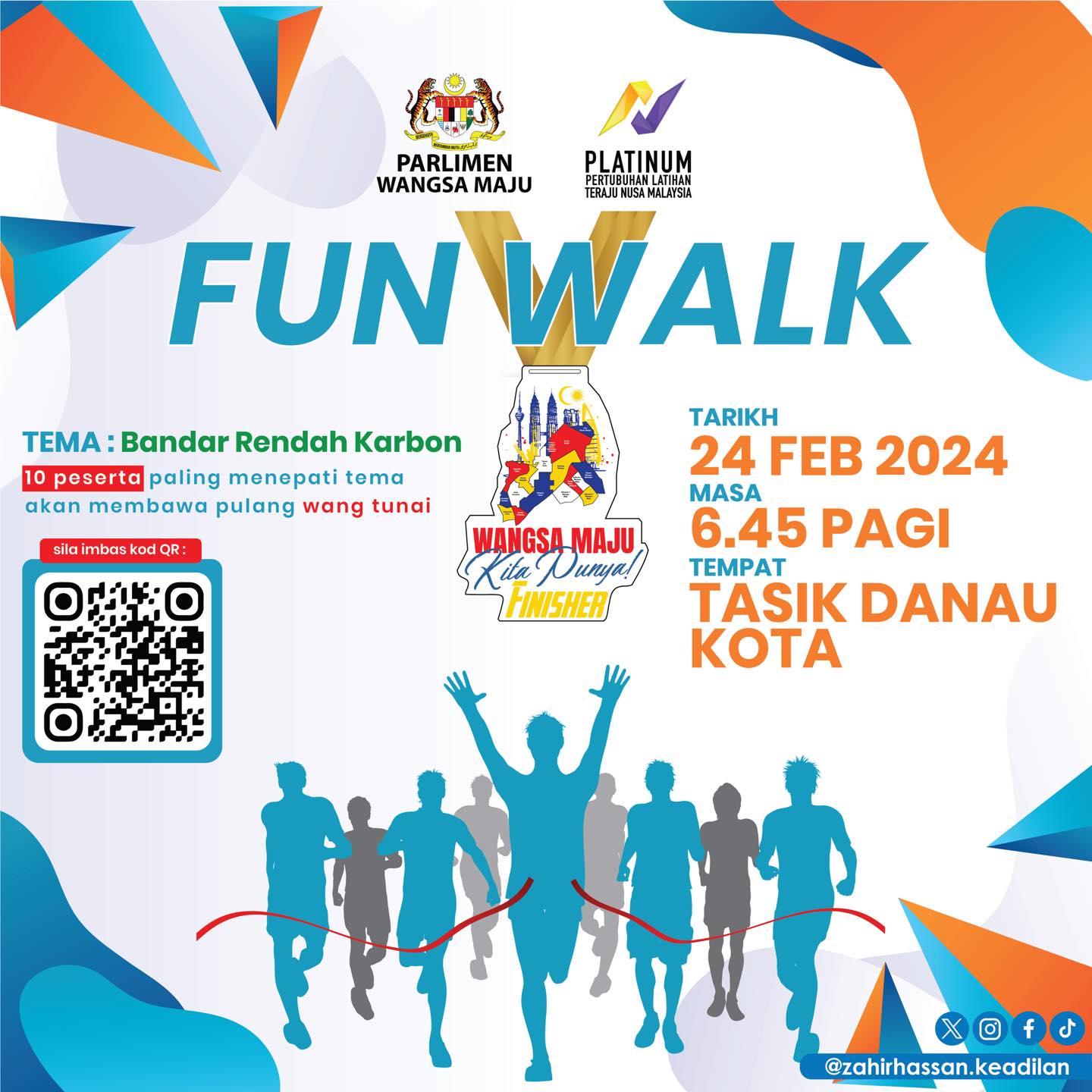 Penyertaan Fun Walk adalah percuma dan hadiah berupa 300 medal serta wang tunai RM200 untuk 10 peserta dengan pakaian bertemakan Bandar Rendah Karbon sedia untuk disampaikan.